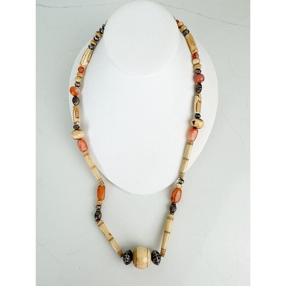 Handcrafted Carved Bone & Orange Agate Beaded Necklace Long Boho Artsy Jewelry - Picture 1 of 10